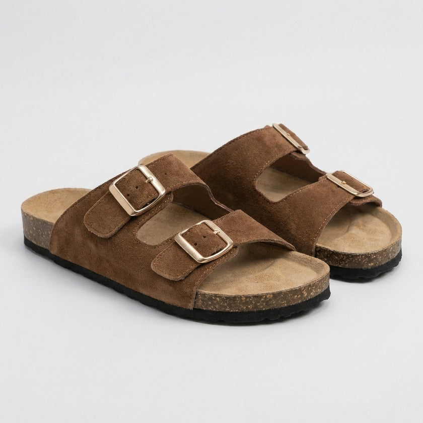 Brown FJØRNA women's orthopedic sandals with adjustable straps and denim design, featuring comfortable, supportive footwear for women.