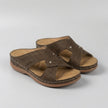 FJØRNA orthopedic open toe wedge sandals with T-strap and rhinestones, brown color, showcasing stylish and supportive footwear design.