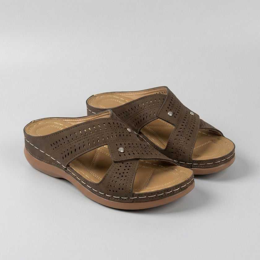FJØRNA orthopedic open toe wedge sandals with T-strap and rhinestones, brown color, showcasing stylish and supportive footwear design.