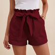 Burgundy linen summer shorts for women with high waist and pockets by FJØRNA, casual and stylish for warm weather.