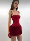 Burgundy FJØRNA women's corset dress, mini and midi length, showcasing fitted design and elegant style on a model.