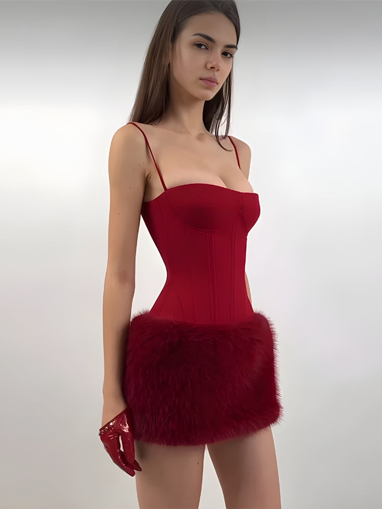 Burgundy FJØRNA women's corset dress, mini and midi length, showcasing fitted design and elegant style on a model.
