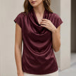 Burgundy satin summer blouse for women with cowl neck and short sleeves, stylish top by FJØRNA.