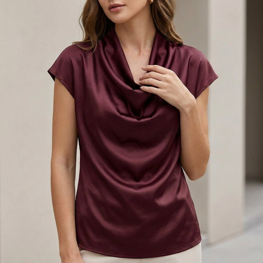 Burgundy satin summer blouse for women with cowl neck and short sleeves, stylish top by FJØRNA.