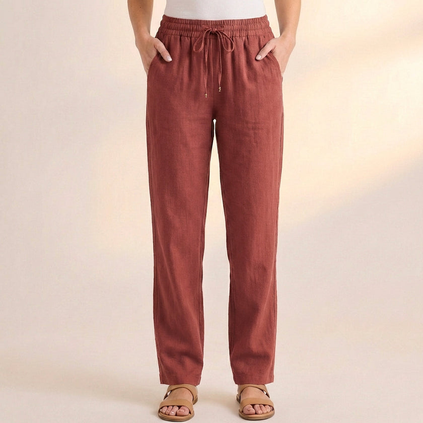 Burgundy linen summer trousers for women with pockets, stylish and comfortable FJØRNA women's clothing.
