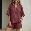 FJØRNA burgundy relaxed V-neck blouse and tailored short set, 2-piece outfit with comfortable fit and stylish design.
