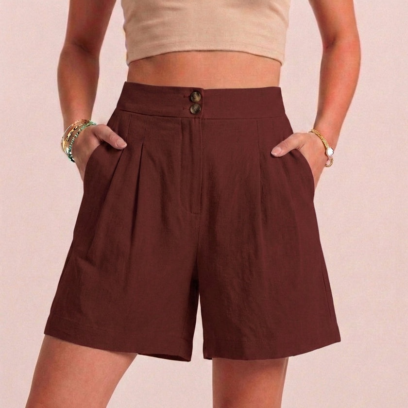 Burgundy linen summer shorts for women with high waist and pockets, breathable and casual, by FJØRNA.