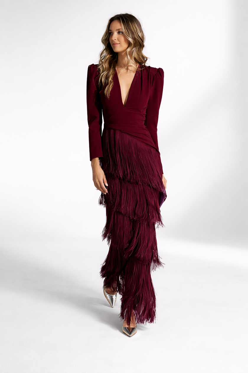 White FJØRNA midi dress with elegant fringes and a flowing silhouette, perfect for sophisticated occasions.
