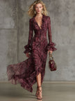 Burgundy chiffon ruffle maxi dress by FJØRNA featuring flowing fabric and elegant ruffle details, perfect for evening occasions.