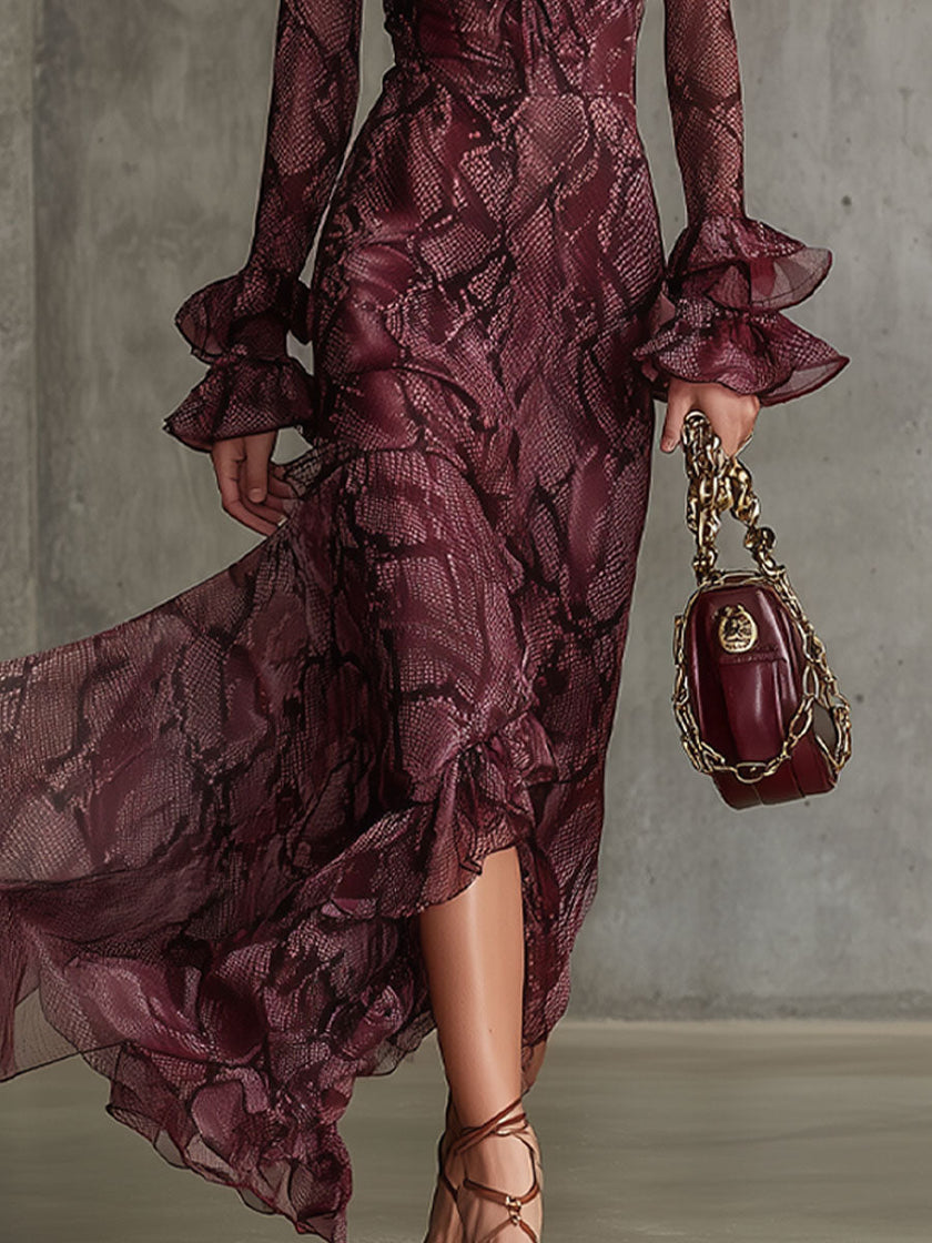 Burgundy chiffon ruffle maxi dress by FJØRNA, flowing evening dress with ruffled details and elegant style, perfect for formal occasions.