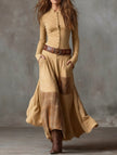 FJØRNA suede plaid patchwork retro-style dress with belt in white, featuring apricot accents and a vintage-inspired design.