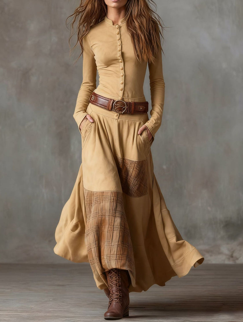 FJØRNA suede plaid patchwork retro-style dress with belt in white, featuring apricot accents and a vintage-inspired design.