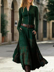 FJØRNA suede plaid patchwork retro-style dress with belt, featuring green and white colors, vintage-inspired design, and textured fabric.