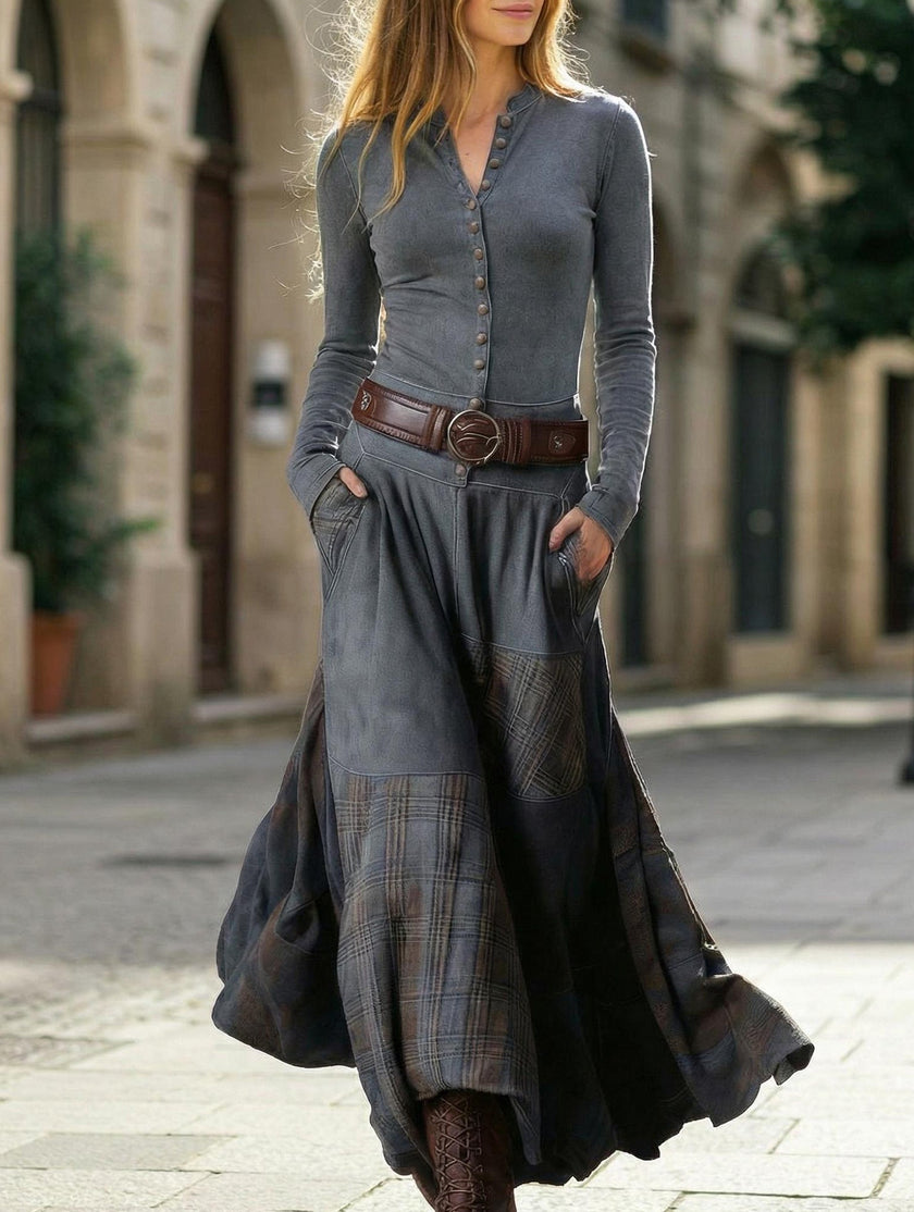FJØRNA suede plaid patchwork retro-style dress with belt in grey, featuring a mixed pattern and vintage-inspired design.