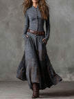 FJØRNA suede plaid patchwork retro-style dress with belt, featuring white and grey tones, casual elegant design, and vintage-inspired style.