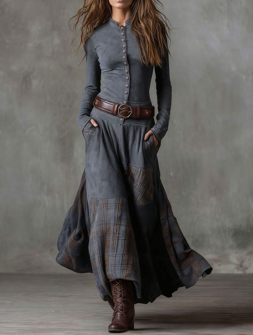 FJØRNA suede plaid patchwork retro-style dress with belt, featuring white and grey tones, casual elegant design, and vintage-inspired style.