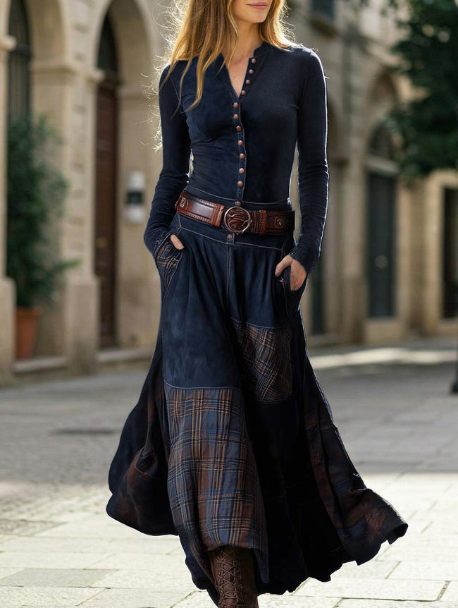 FJØRNA suede plaid patchwork retro-style dress with belt in white, featuring a vintage-inspired design and stylish detailing.