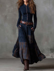 FJØRNA suede plaid patchwork retro-style dress with belt, white, featuring a vintage-inspired design and colorful pattern.
