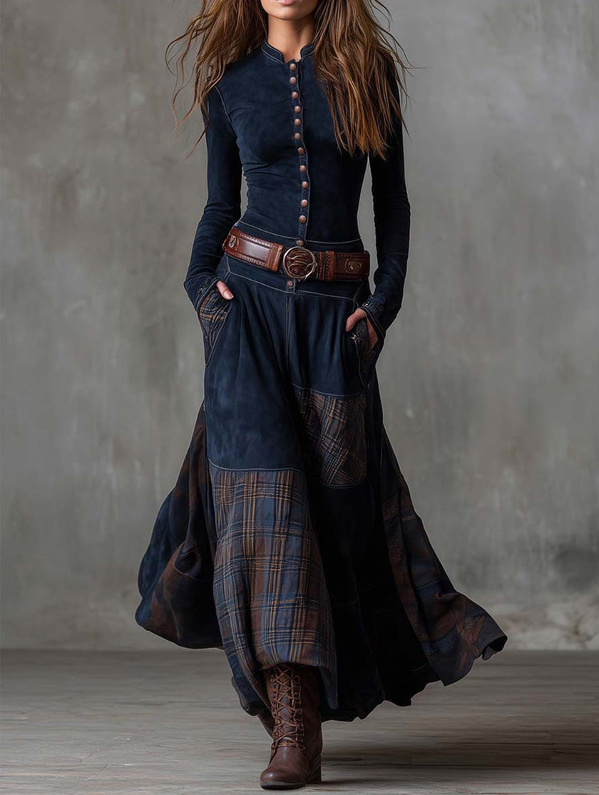 FJØRNA suede plaid patchwork retro-style dress with belt, white, featuring a vintage-inspired design and colorful pattern.
