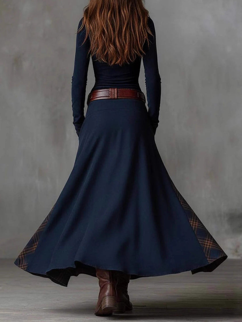 FJØRNA suede plaid patchwork retro-style dress with belt, featuring a white color and vintage-inspired design.