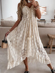 FJØRNA resort-style white lace strappy long dress with a flowing silhouette, perfect for summer or special occasions.