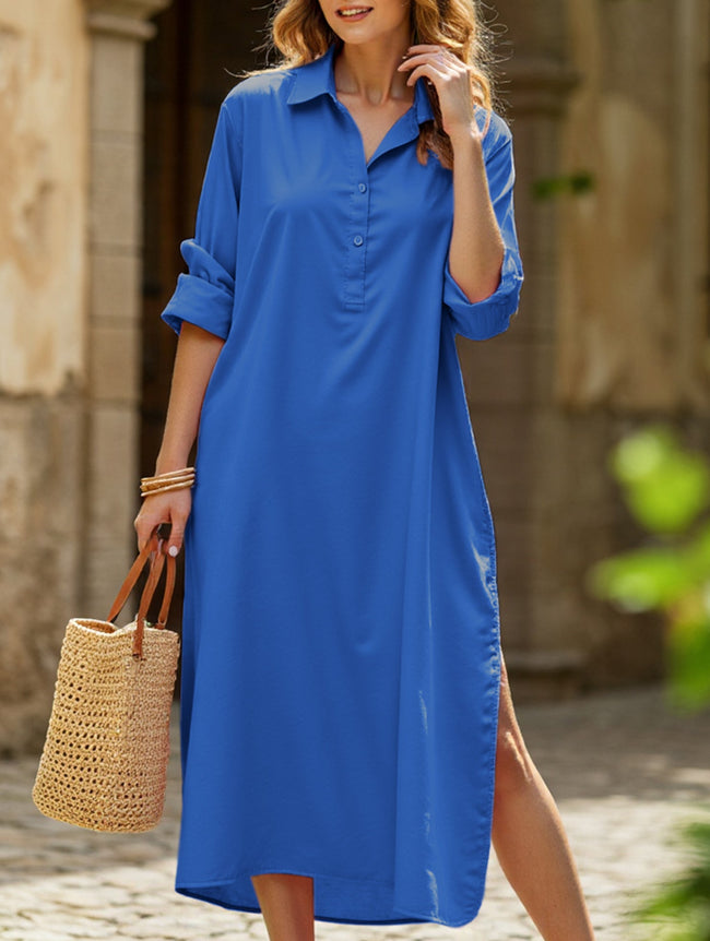 Blue FJØRNA casual midi dress with lapel button, side slit, and relaxed fit, ideal for casual or wedding occasions.