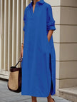 Blue FJØRNA casual midi dress with lapel button details and side slit, perfect for relaxed, stylish occasions.