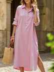 Pink FJØRNA lapel button casual midi dress with side slit, featuring a relaxed fit and stylish design.