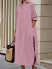 Pink FJØRNA lapel button side slit casual midi dress with a relaxed fit and stylish design, perfect for everyday wear.