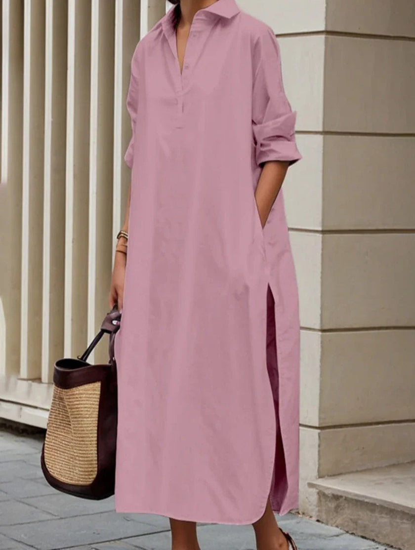 Pink FJØRNA lapel button side slit casual midi dress with a relaxed fit and stylish design, perfect for everyday wear.