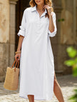 White FJØRNA casual midi dress with lapel button detail and side slit, featuring a relaxed, stylish fit.