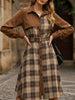 FJØRNA retro-style white plaid patchwork dress with shirt collar, vintage-inspired design, shown on a model.