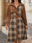 FJØRNA retro-style plaid patchwork dress with shirt collar in white, featuring brown and white checkered pattern.