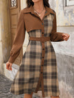 FJØRNA retro-style white plaid patchwork dress with shirt collar, featuring brown accents and a classic, vintage-inspired design.