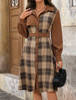 FJØRNA white plaid patchwork dress with retro-style shirt collar, short sleeves, and brown accents, casual and stylish for women.