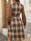FJØRNA retro-style plaid patchwork dress with shirt collar in white, featuring brown and white fabric details.