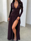 White retro deep V long sleeve maxi dress by FJØRNA, flowing design with a fitted waist and elegant long sleeves.