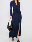 FJØRNA navy retro deep V long sleeve maxi dress with flowing silhouette, stylish and elegant for special occasions