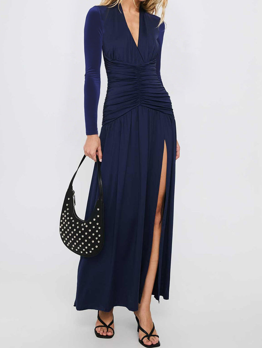 FJØRNA navy retro deep V long sleeve maxi dress with flowing silhouette, stylish and elegant for special occasions