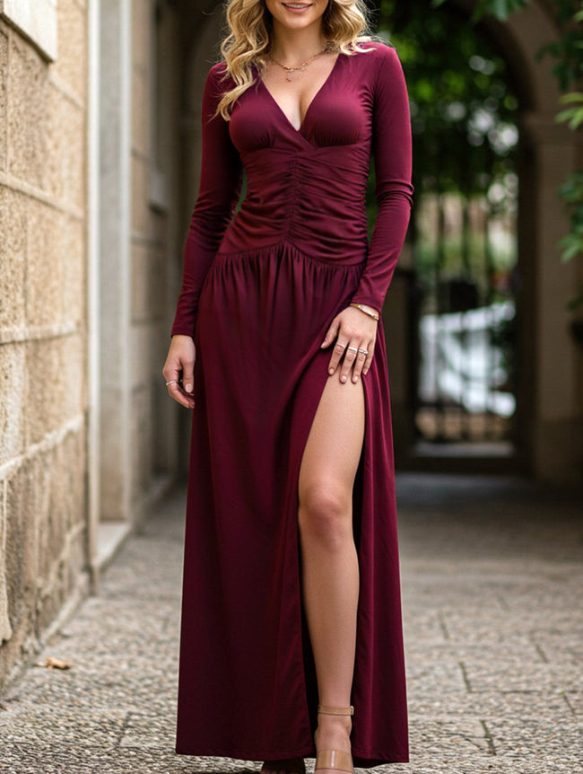 FJØRNA white retro deep V long sleeve maxi dress with elegant flowing fabric and fitted waist, perfect for stylish occasions.