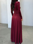 FJØRNA white retro deep V long sleeve maxi dress, elegant floor-length gown with a fitted waist and flowing skirt.