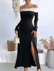 FJØRNA off-the-shoulder color-block slit dress in black and white, featuring a stylish design and elegant fit.