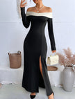 FJØRNA off-the-shoulder color-block slit dress in black and white, showcasing a stylish dress with a slit and elegant design.