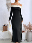 FJØRNA off-the-shoulder color-block slit dress in white, stylish dress with a slit and feminine design, perfect for elegant occasions.