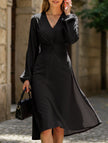FJØRNA white V-neck lantern long-sleeved dress, stylish and elegant, shown on a model with a fitted silhouette and flowing fabric.