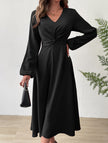FJØRNA white V-neck lantern long-sleeved dress, elegant fashion dress with a flowing silhouette and stylish design.