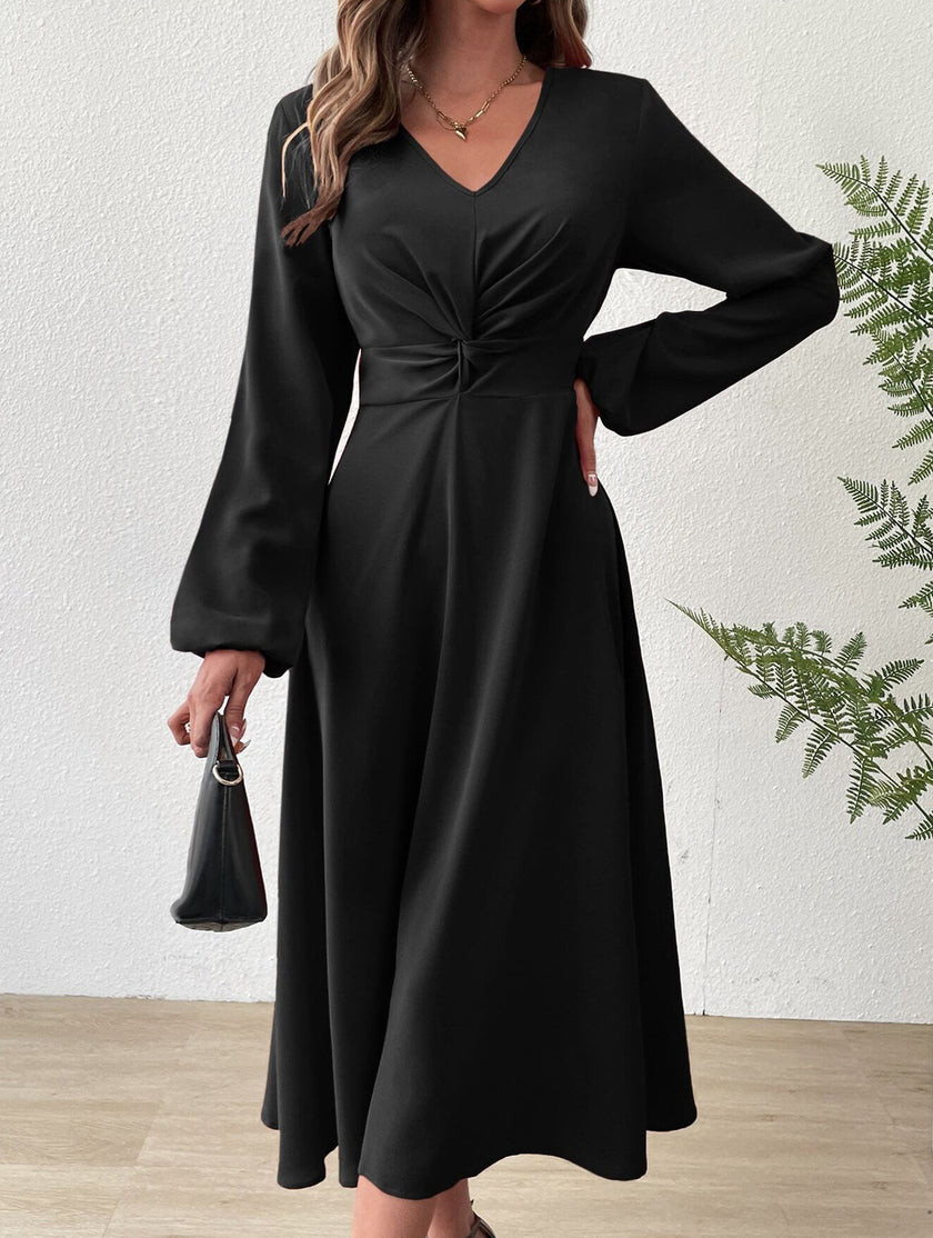 FJØRNA white V-neck lantern long-sleeved dress, elegant fashion dress with a flowing silhouette and stylish design.