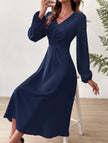 FJØRNA white V-neck lantern long-sleeved dress, elegant fashion dress with flowing sleeves and a fitted waist.
