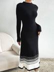 FJØRNA black and white striped pleated sweater dress featuring a stylish, knee-length design with long sleeves and a fitted silhouette.