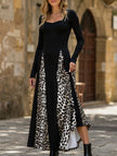 FJØRNA retro high waist leopard print patchwork dress with long sleeves and fitted silhouette, stylish and bold for casual wear.